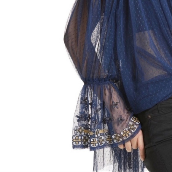 Free People Joyride Navy Blue Sheer Bell Sleeve Blouse Small - Picture 3 of 12
